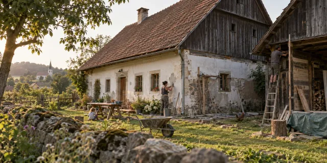 Rodina opravuje omítku a dřevěné části starého venkovského domu.